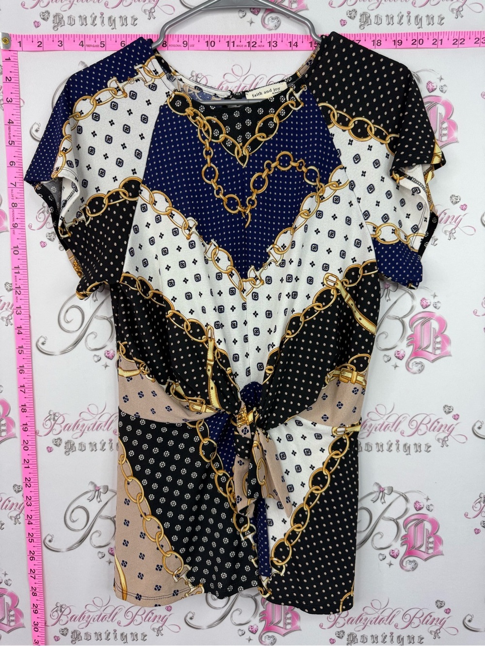 Faith and Joy shirt Navy Black Cream Chain-Print Tie-Front Top